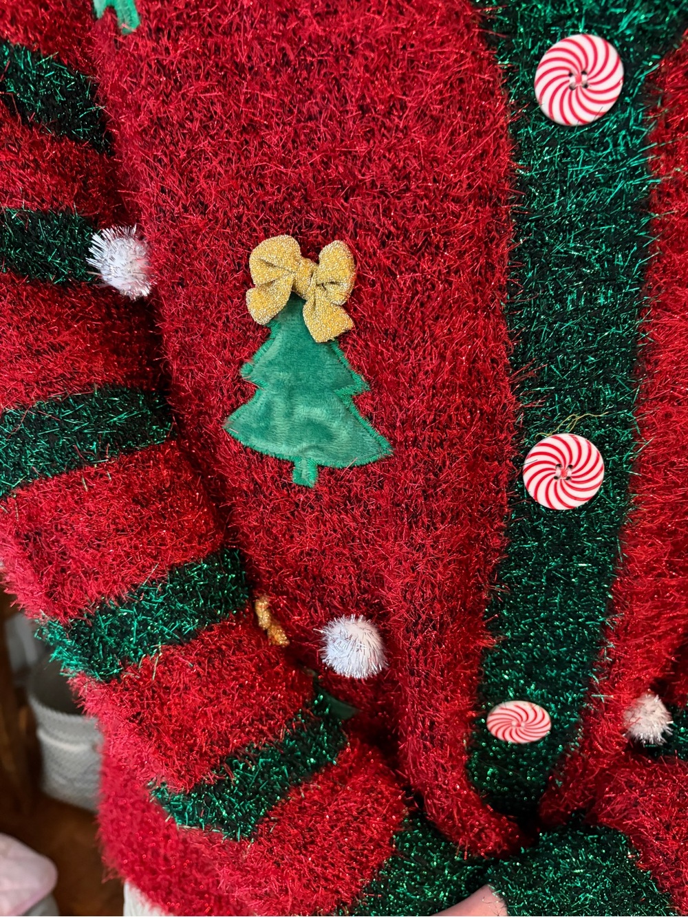 Kohl's Red Holiday Cardigan with Green Trim and Tree Appliqués